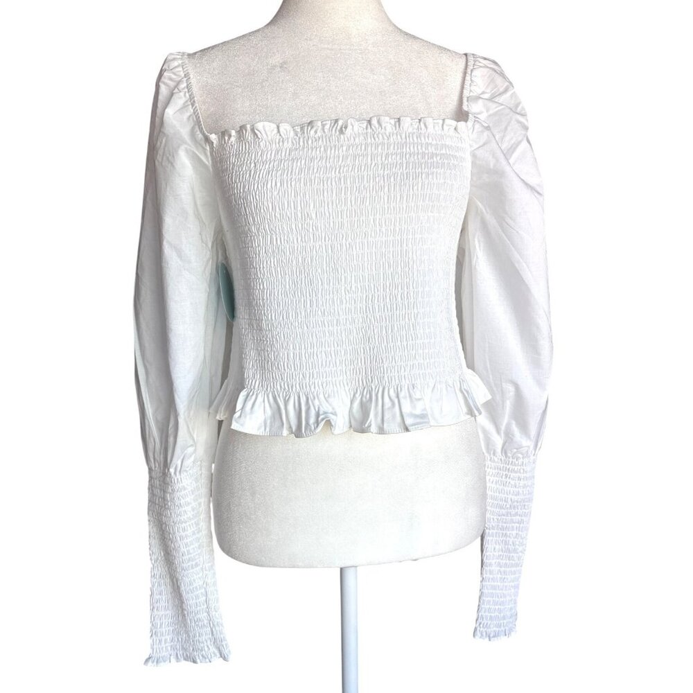 HILL HOUSE Size XL NWT The Grace Nap Top White Square Neck Smocked Juliet Sleeve
